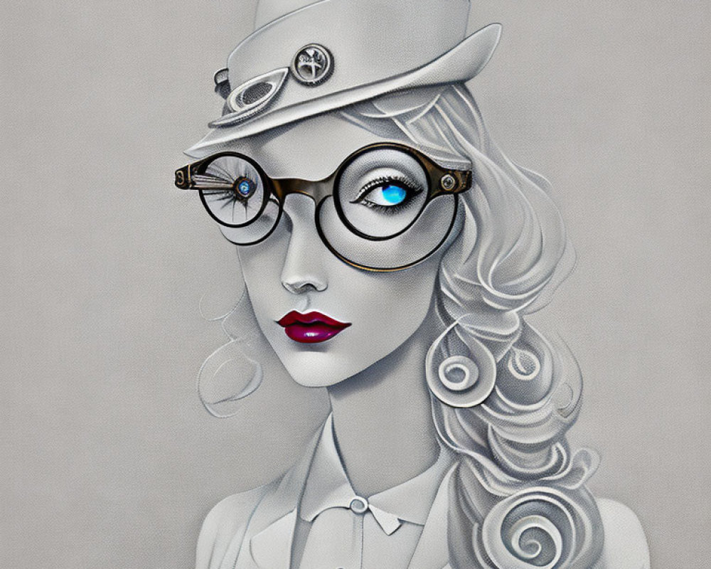 Stylized woman illustration with vintage accessories in grey-scale and pops of blue and pink