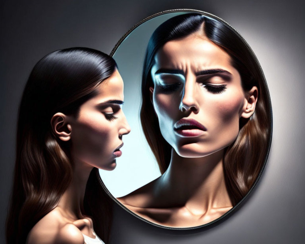 Woman's contrasting reflection in round mirror: concern vs. neutrality