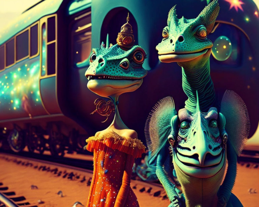 Colorful humanoid lizard creatures by train in desert setting