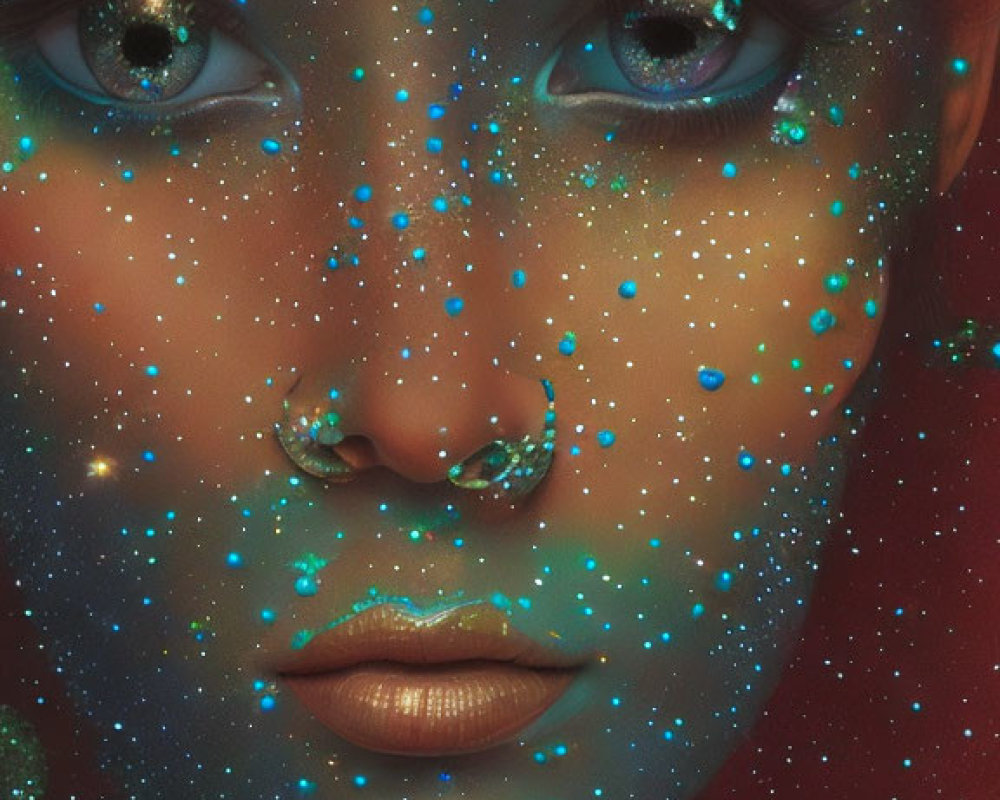 Cosmic-themed close-up portrait of a woman with star-like speckles on her skin