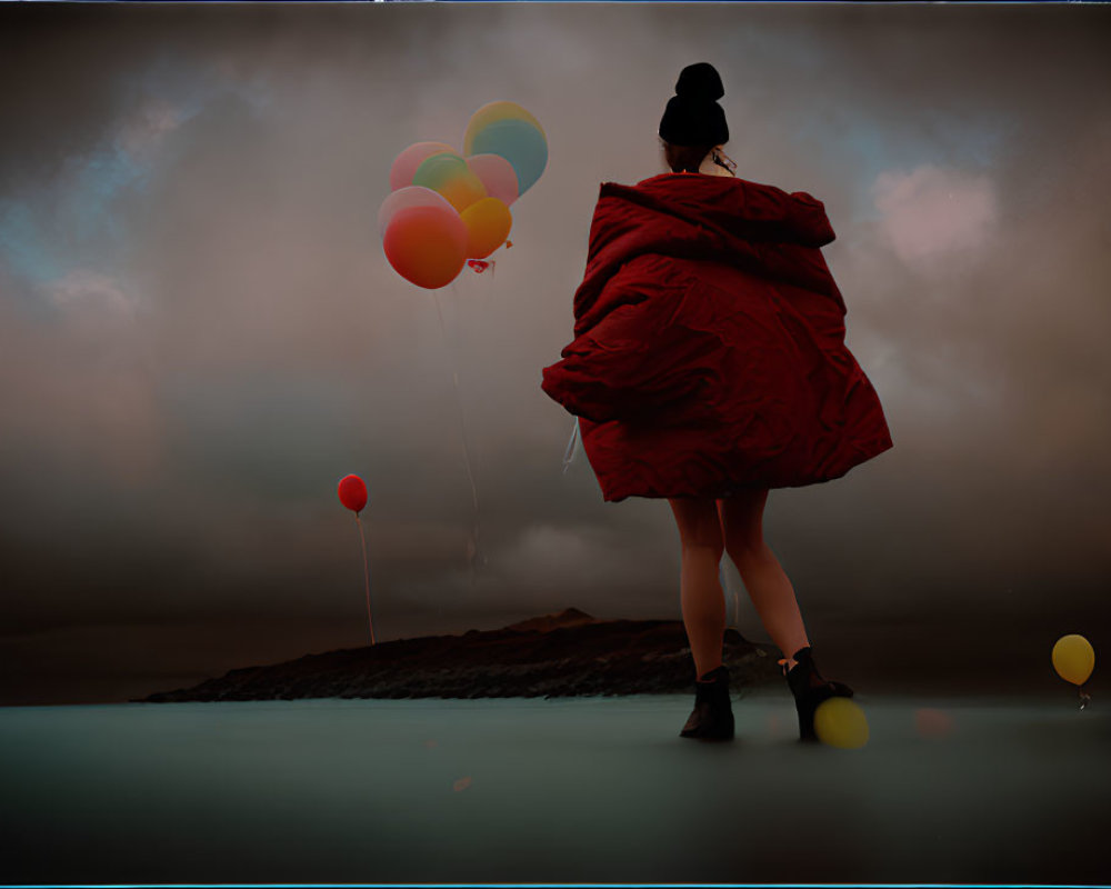 Person in Red Cloak Holding Balloons in Serene Landscape under Dramatic Sky