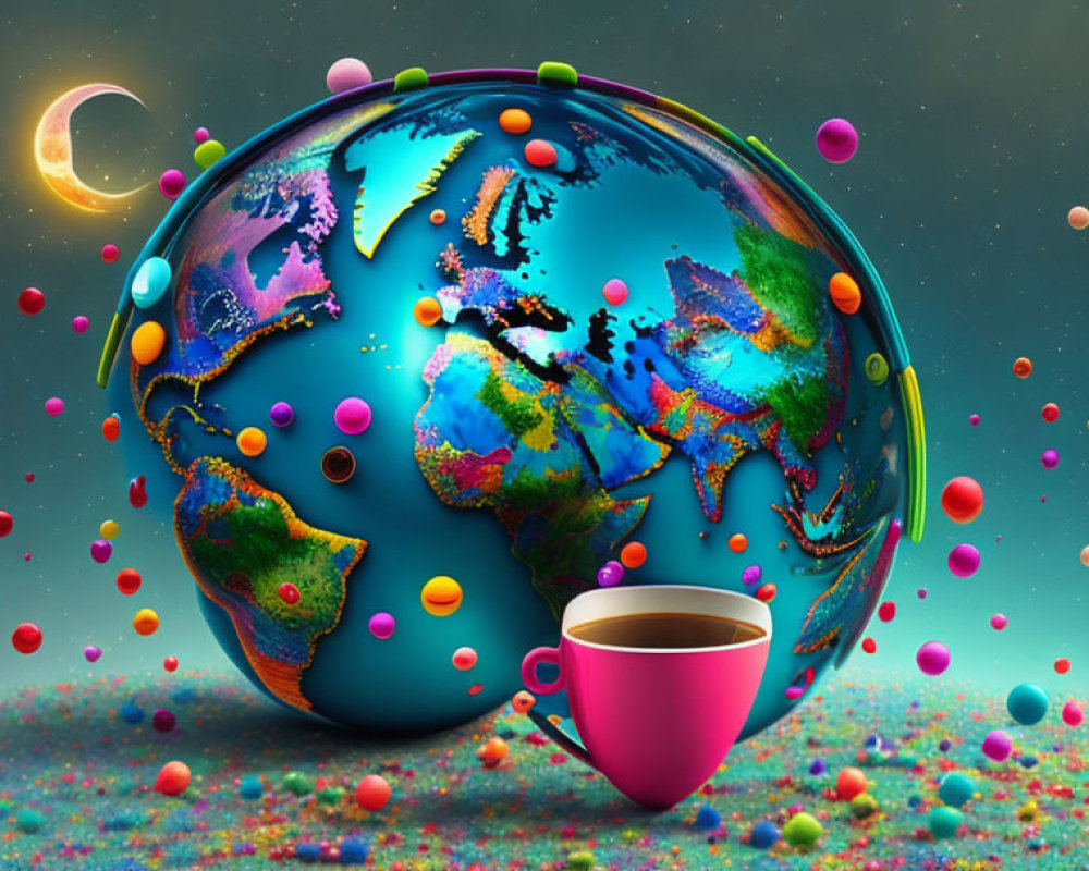 Colorful Earth Topography Surrounded by Floating Spheres and Steaming Cup