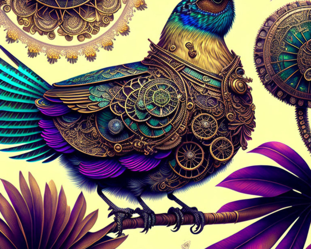 Colorful Steampunk Bird Illustration in Purple, Blue, and Gold