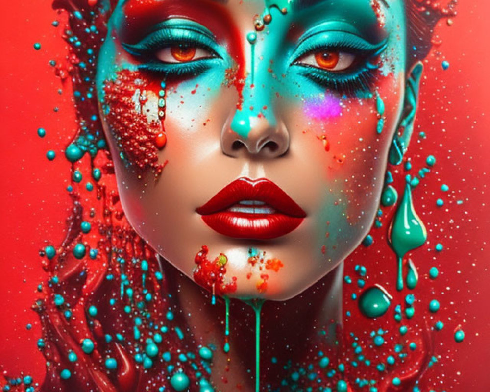 Vibrant makeup woman with dripping paint on red background