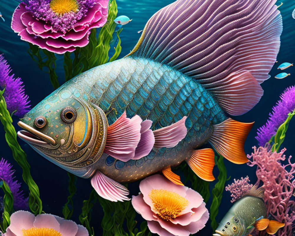 Colorful Stylized Fish Swimming Among Coral and Sea Flowers