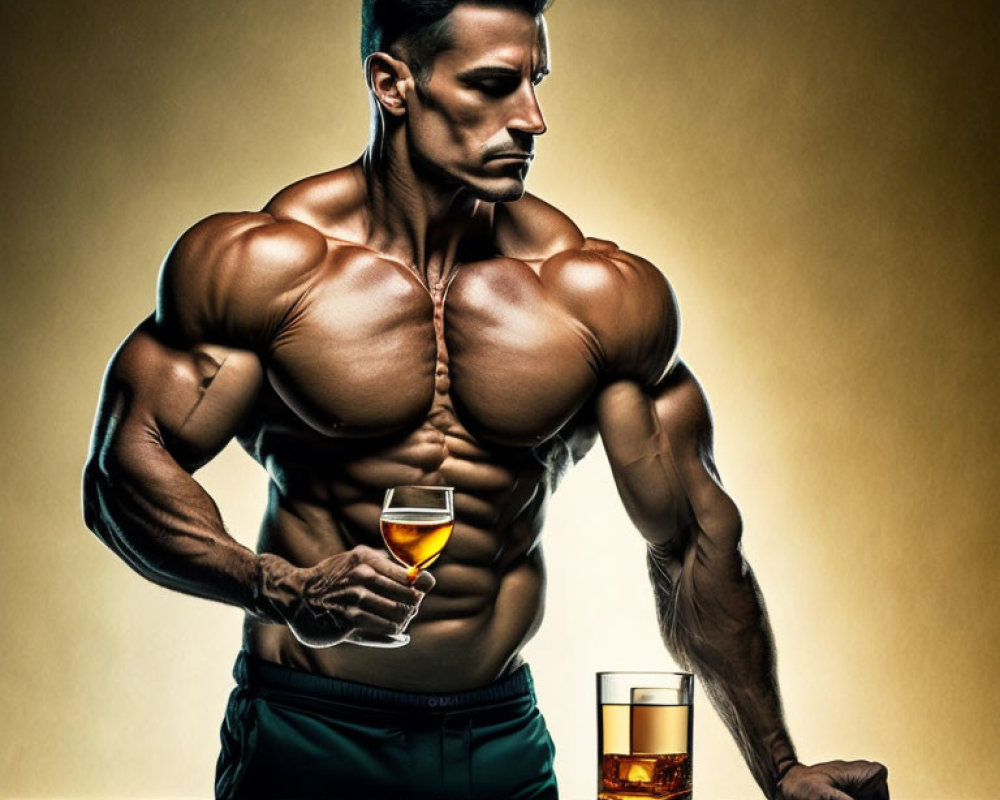 Muscular person with wine and whiskey glasses on table in warm-toned setting