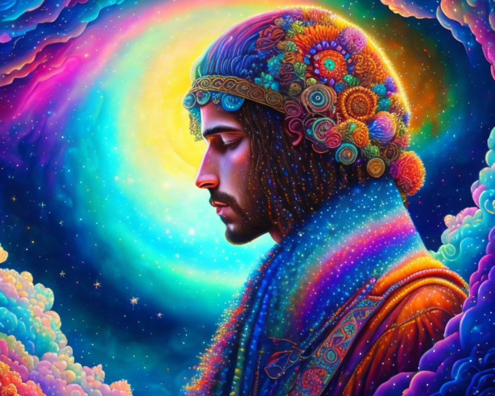 Colorful Profile Portrait with Decorated Hat and Shawl on Psychedelic Starry Background