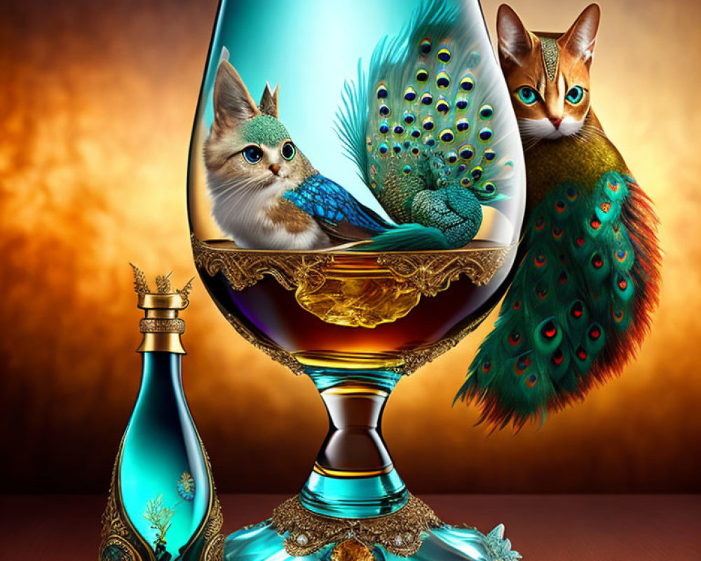 Surreal image: Peacock, cats, wine glass, and blue bottle on fiery backdrop