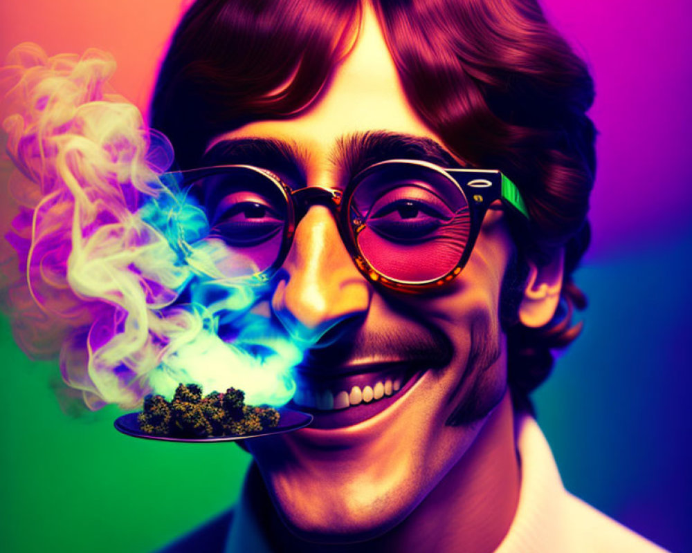 Vibrant portrait of smiling man with glasses exhaling smoke on colorful background