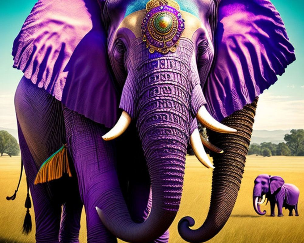 Purple elephant with intricate designs and headgear in grassy field.