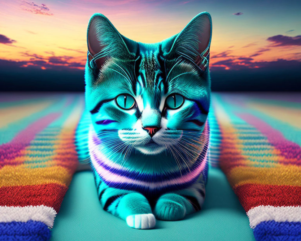 Colorful Cat Art: Blue Stripes on Rainbow Road at Dusk
