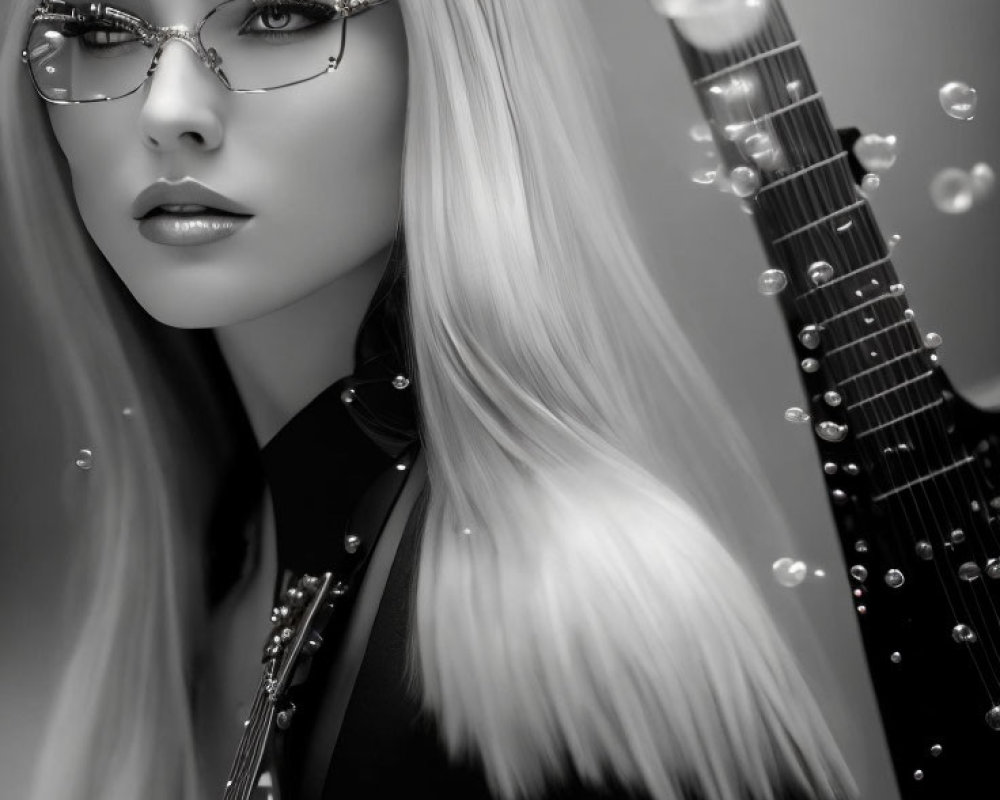 Monochrome portrait of woman with long hair, glasses, guitar, and bubbles.
