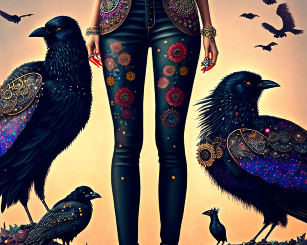 Woman in Embellished Clothes with Stylized Ravens on Sepia Background