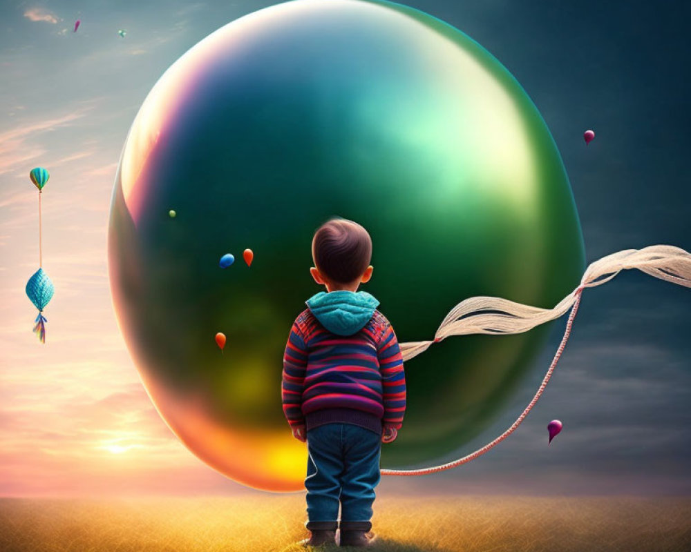 Child in field with giant colorful marble, balloons, and kites at sunset