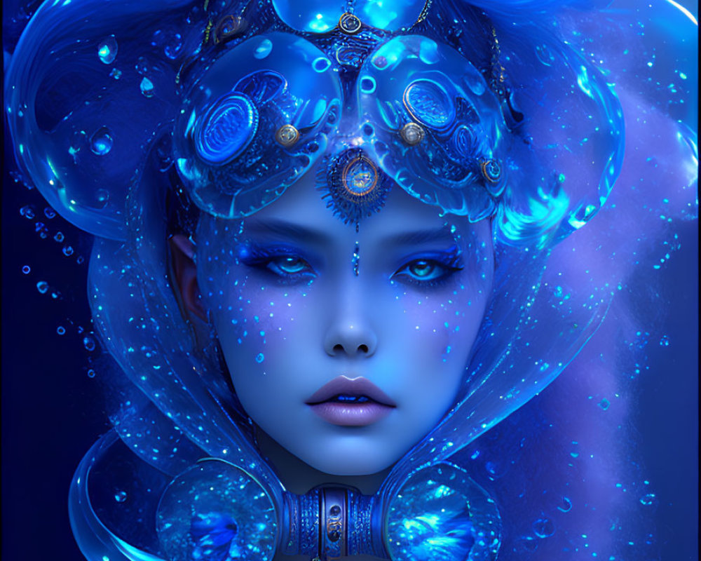 Blue-skinned female fantasy portrait with celestial motifs and bubbles on deep blue background