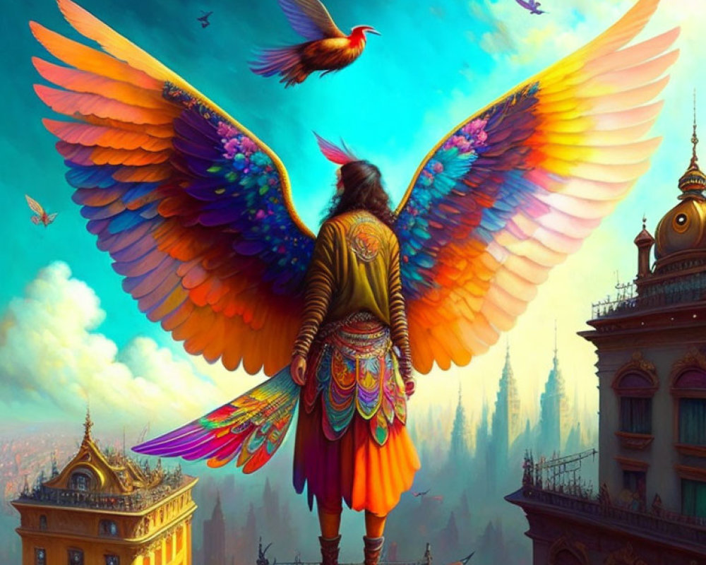 Person with Vibrant Multicolored Wings Overlooking Fantastical Cityscape