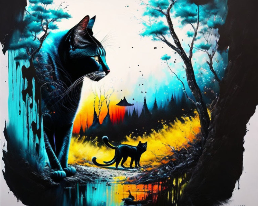 Detailed black cat against mystical backdrop with smaller cat silhouette, vibrant trees, and fiery landscape