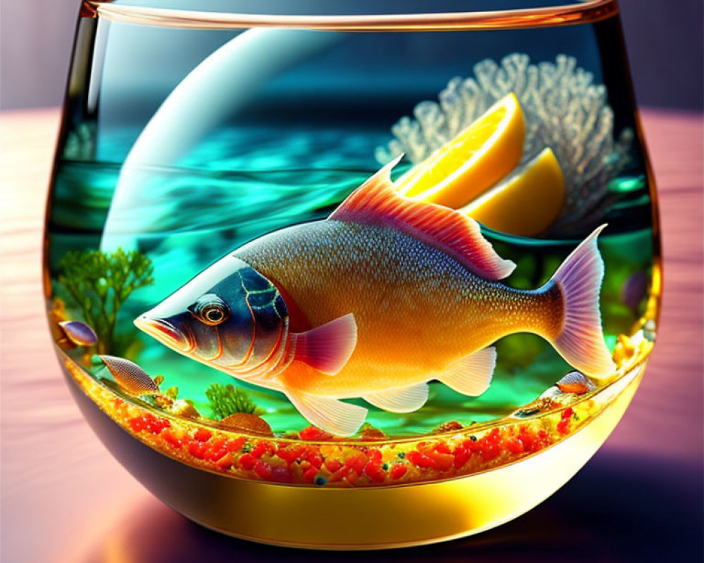 Colorful Fish in Glass Bowl with Lemon and Plant, Room Setting Background