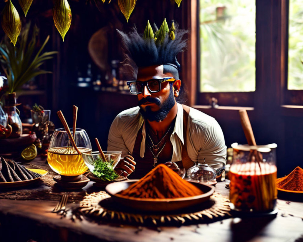 Man with Unique Mohawk Hairstyle at Table with Spices and Noodles