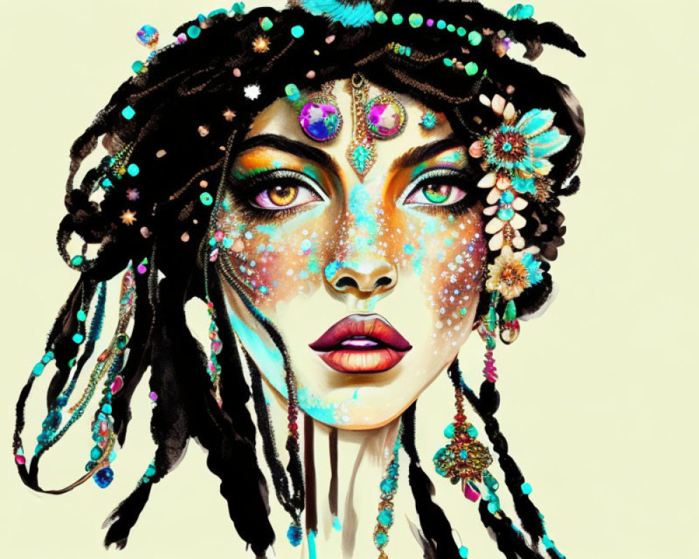 Vibrant illustration of woman with intricate beadwork and jewelry in hair