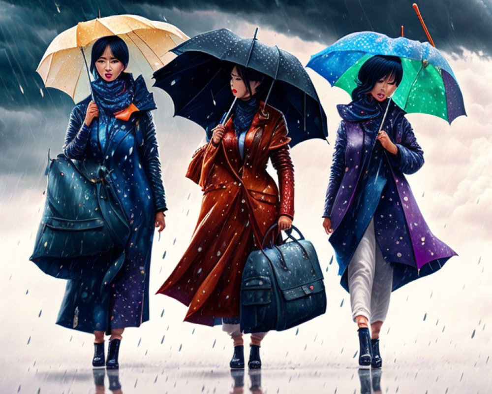 Stylish women with colorful umbrellas walking under dramatic sky