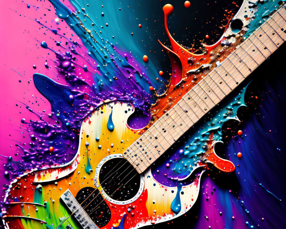 Colorful Guitar Painting on Multicolored Background