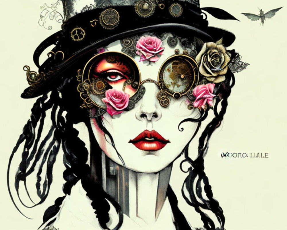 Illustrated woman with steampunk goggles, top hat adorned with roses, monocle, red lips