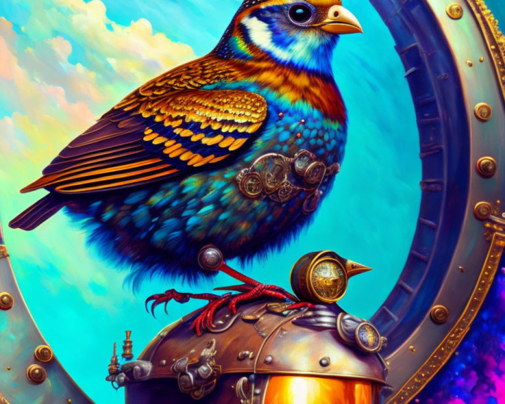 Steampunk-style mechanical bird on armored helmet with cloudy sky backdrop