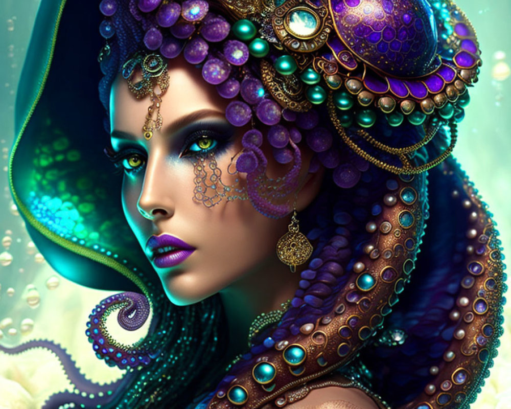 Vibrant purple digital art portrait of a woman with octopus-like features