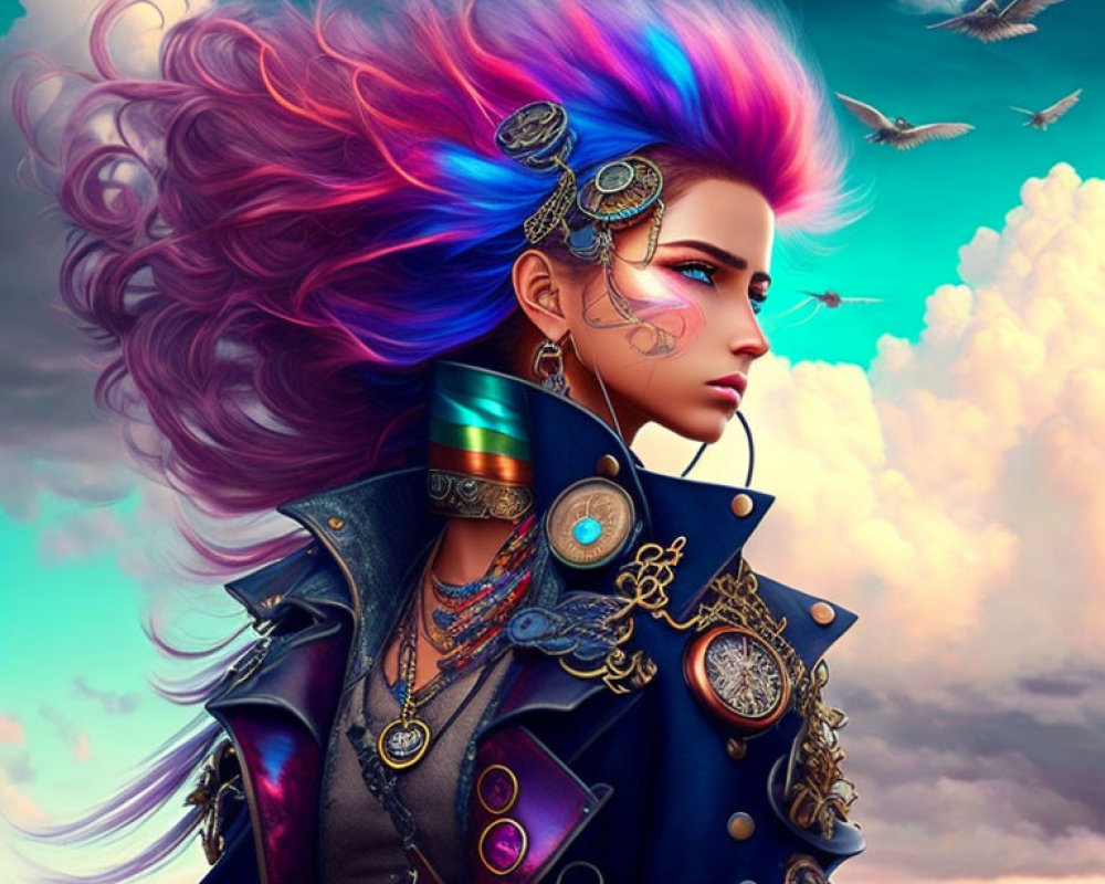 Colorful Digital Artwork: Person with Rainbow Hair and Steampunk Accessories against Bird-filled Sky