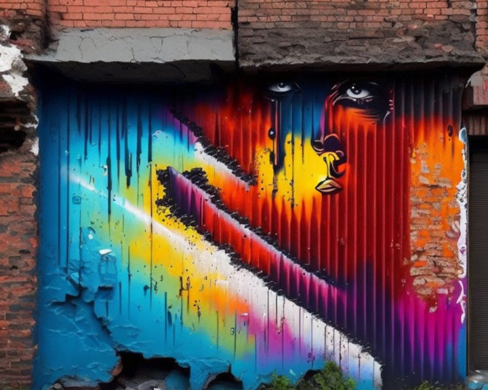 Vibrant graffiti face on garage door against brick wall with colorful diagonal line