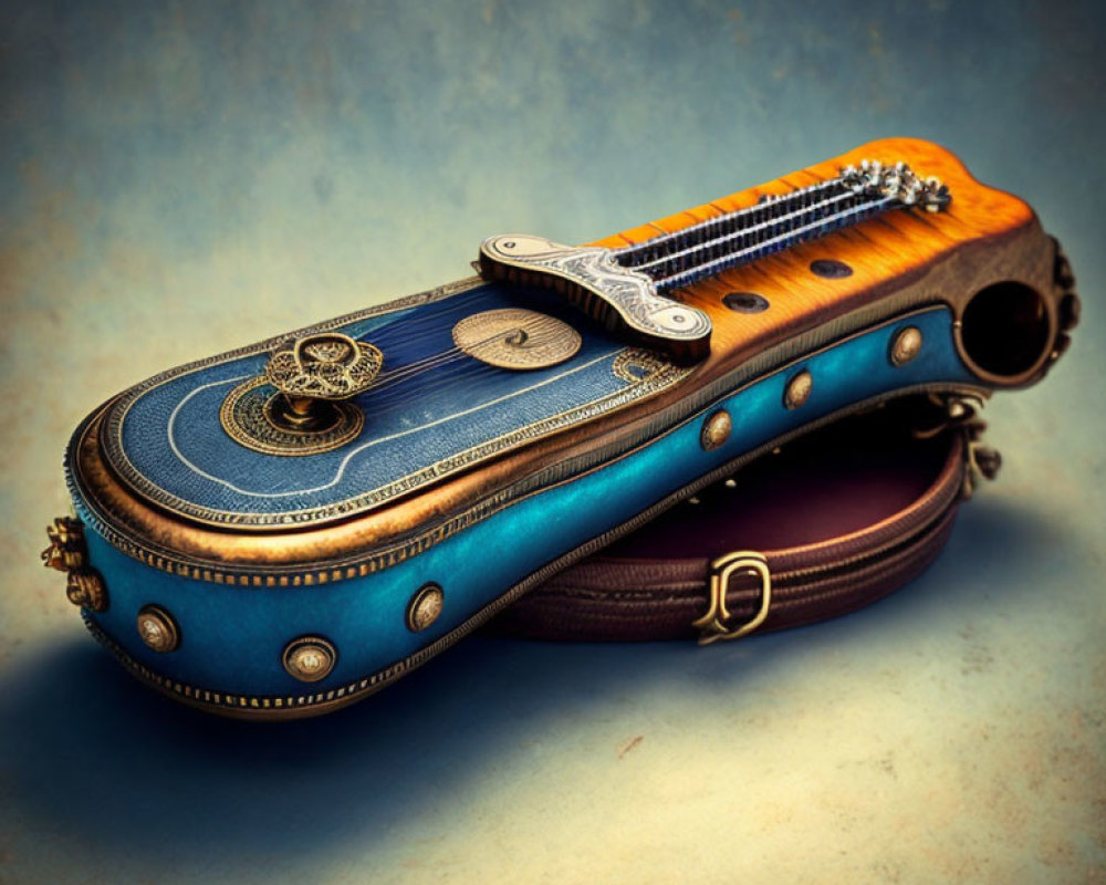 Blue and Brown Ornate Stringed Musical Instrument on Textured Background