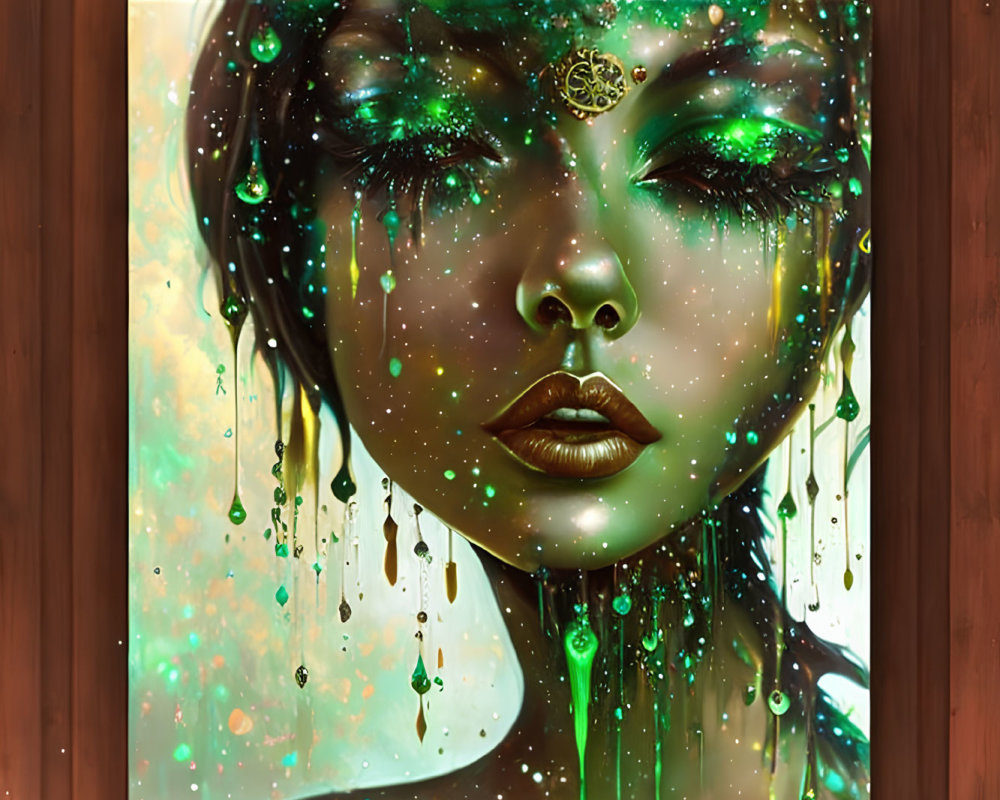 Surreal portrait of a woman with closed eyes and vibrant green dripping effects on wood-paneled wall