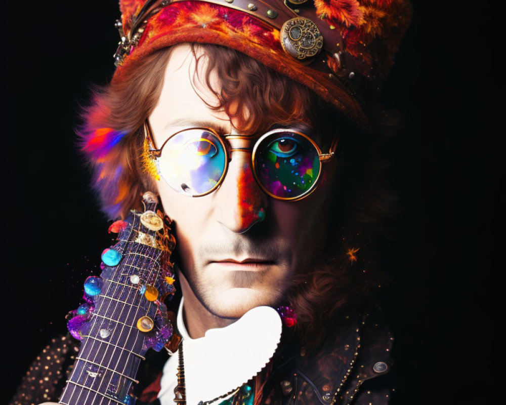 Digitally manipulated image of person in psychedelic glasses with colorful crown and miniature guitar.