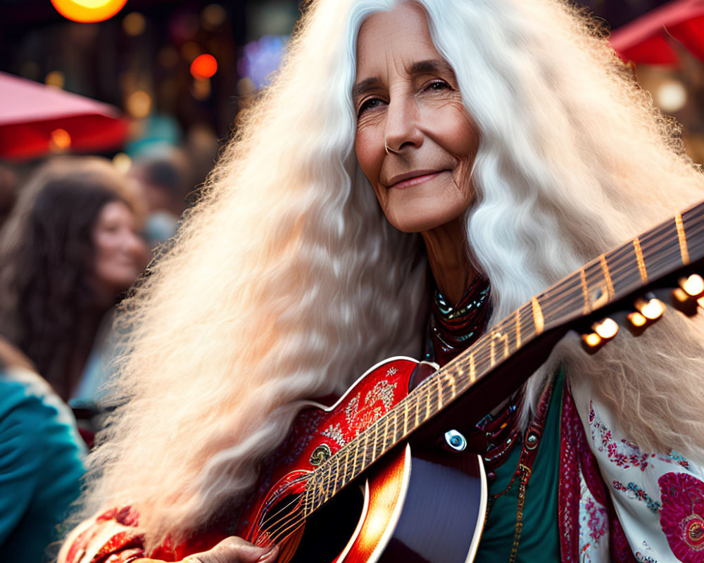 Elderly woman with long white hair holding red acoustic guitar in bohemian attire
