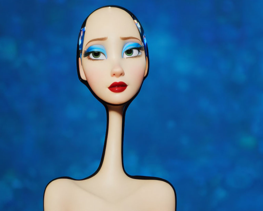 Stylized digital artwork of female figure with large eyes and blue makeup