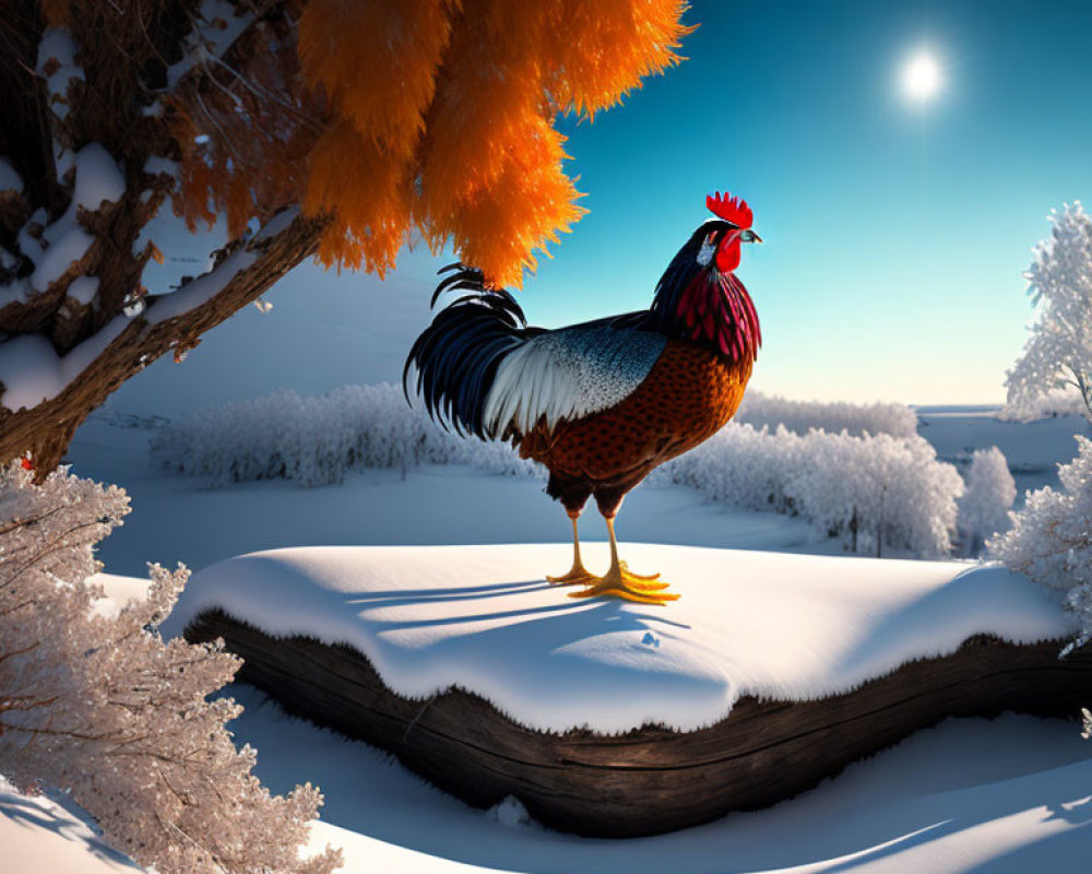 Colorful Rooster on Snow-Covered Log in Winter Landscape