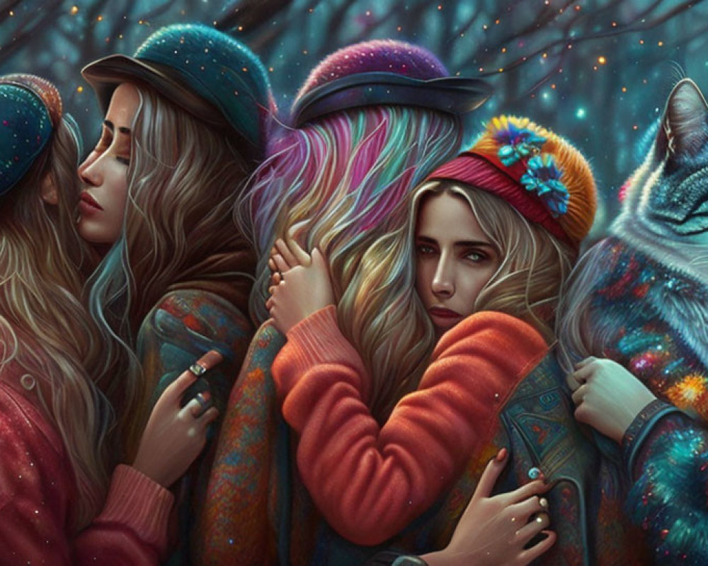 Four women in colorful winter attire hugging under starlit sky with large cat