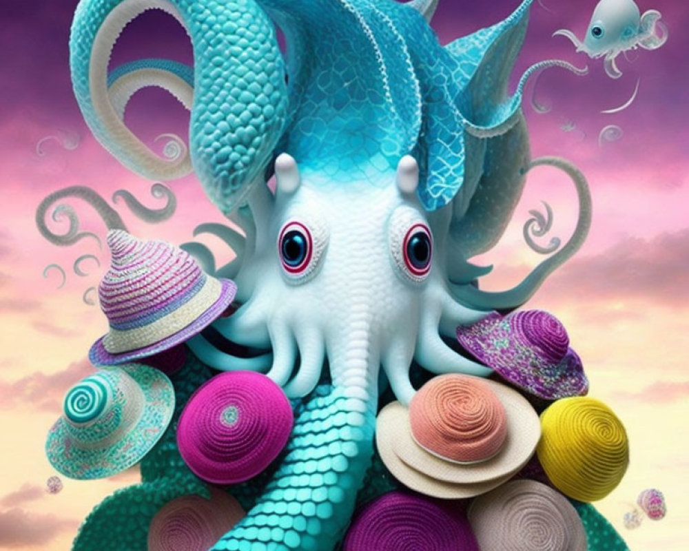 Colorful Octopus with Stylish Hats in Dreamy Purple Sky