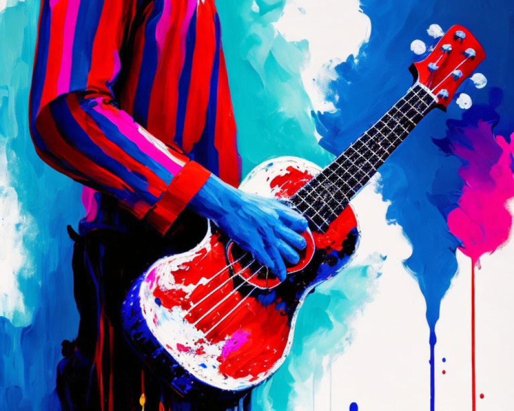 Abstract painting of person with guitar in vibrant blue and red hues
