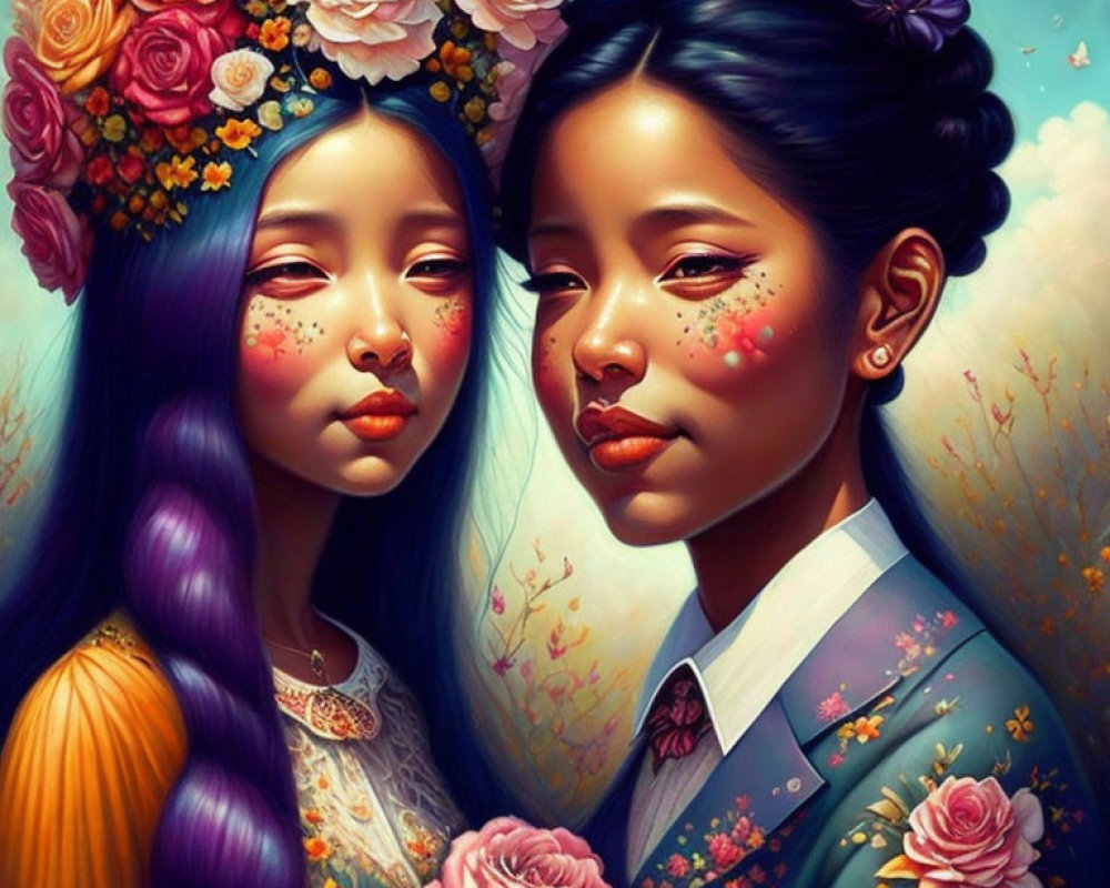 Illustrated girls with floral crowns and vibrant makeup in dreamy landscape