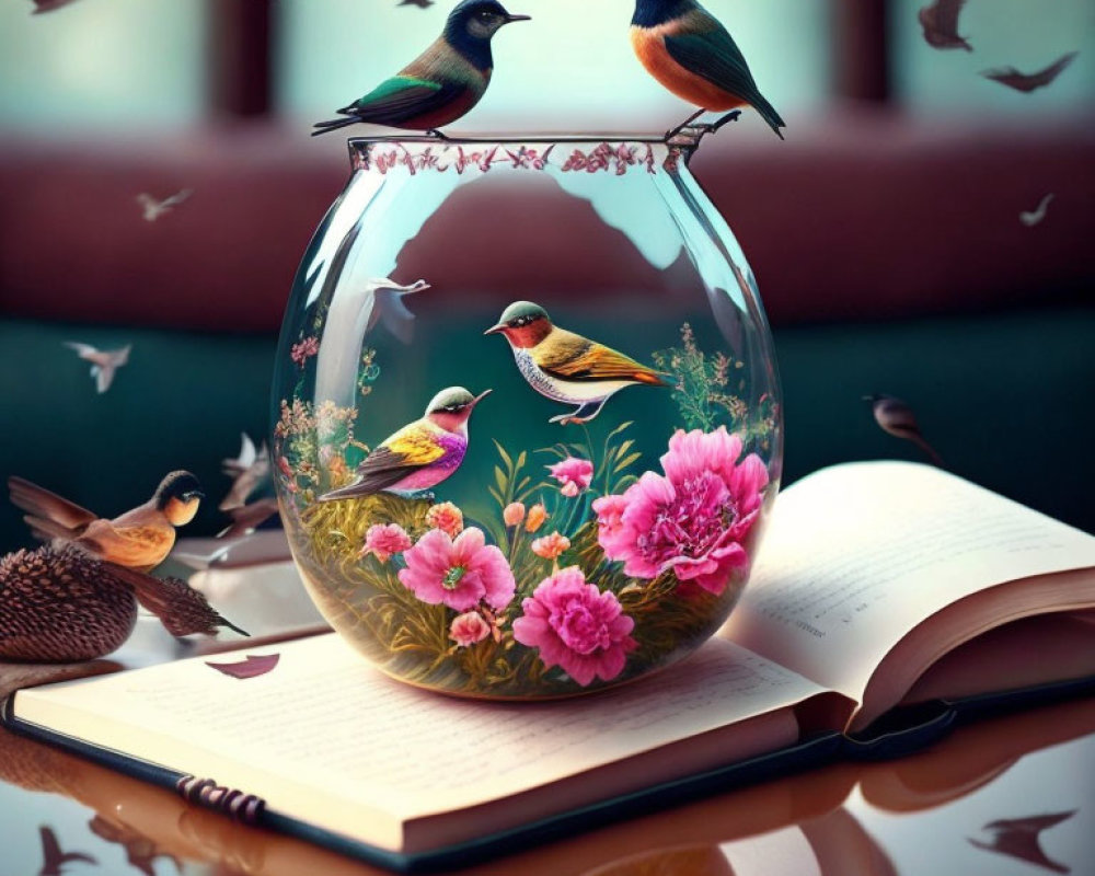 Birds perched on glass bowl with flowers and open book, more birds flying in background