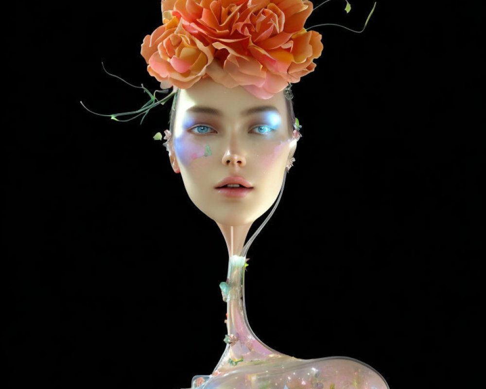 Digital artwork: Woman with porcelain skin, blue eyes, orange flower bouquet on head, black background