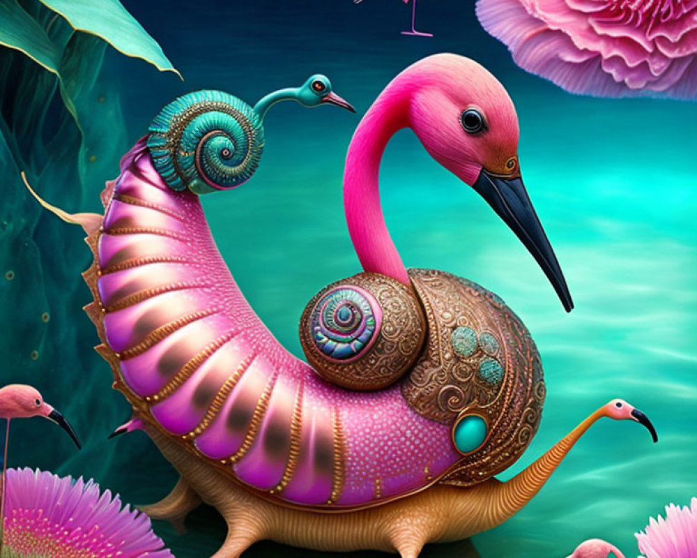Fantasy creature with flamingo head in vibrant floral setting