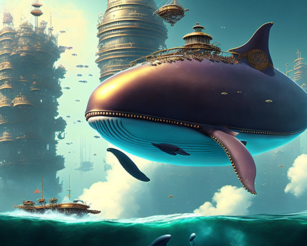 Underwater fantasy with futuristic cities, giant whale, fish, and classic ship