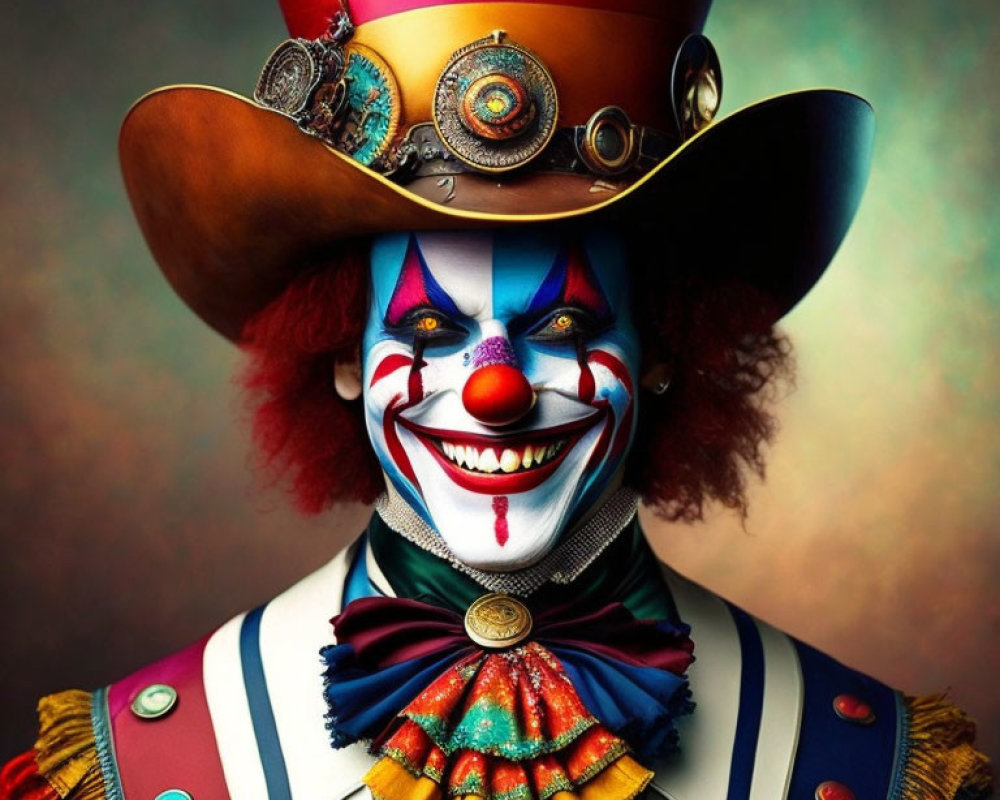 Colorful Clown Portrait with Whimsical Hat and Ruffled Collar