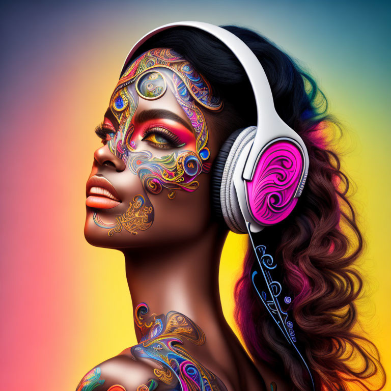 Colorful illustration: Woman with intricate facial art and headphones on vibrant backdrop
