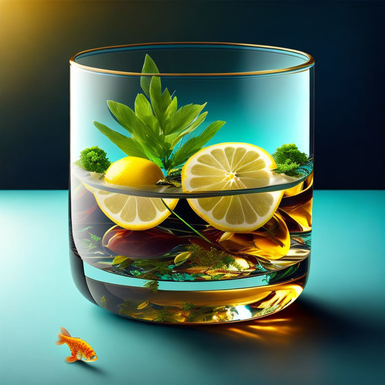 Goldfish swimming in decorated glass of water with lemon slices and greenery