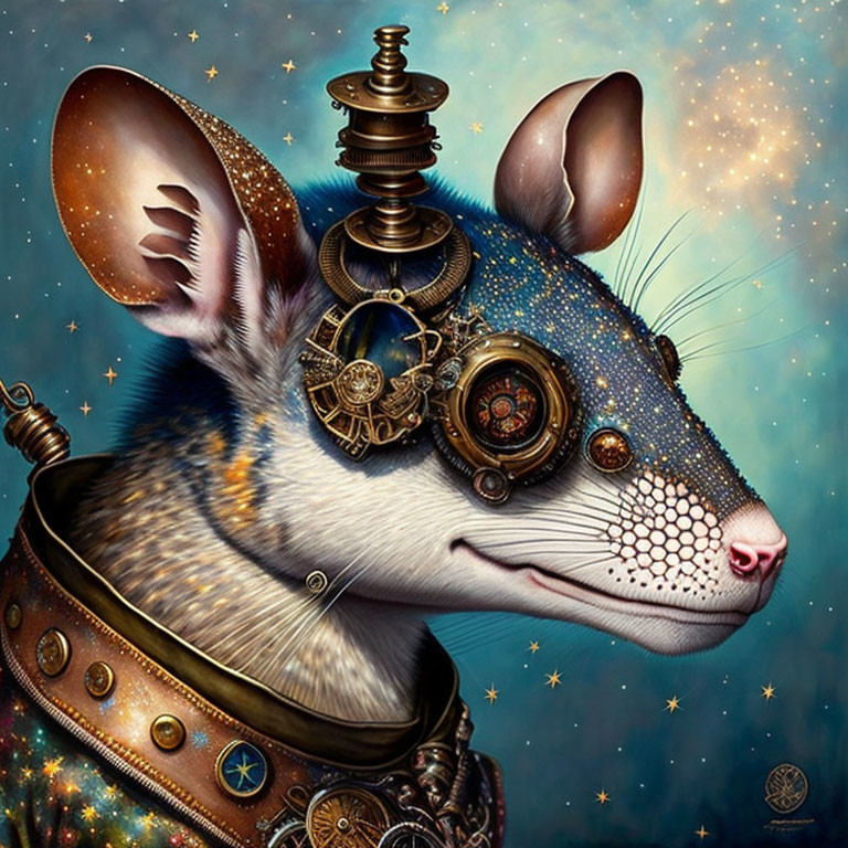 Steampunk-style mouse with mechanical gears and devices on head in starry background