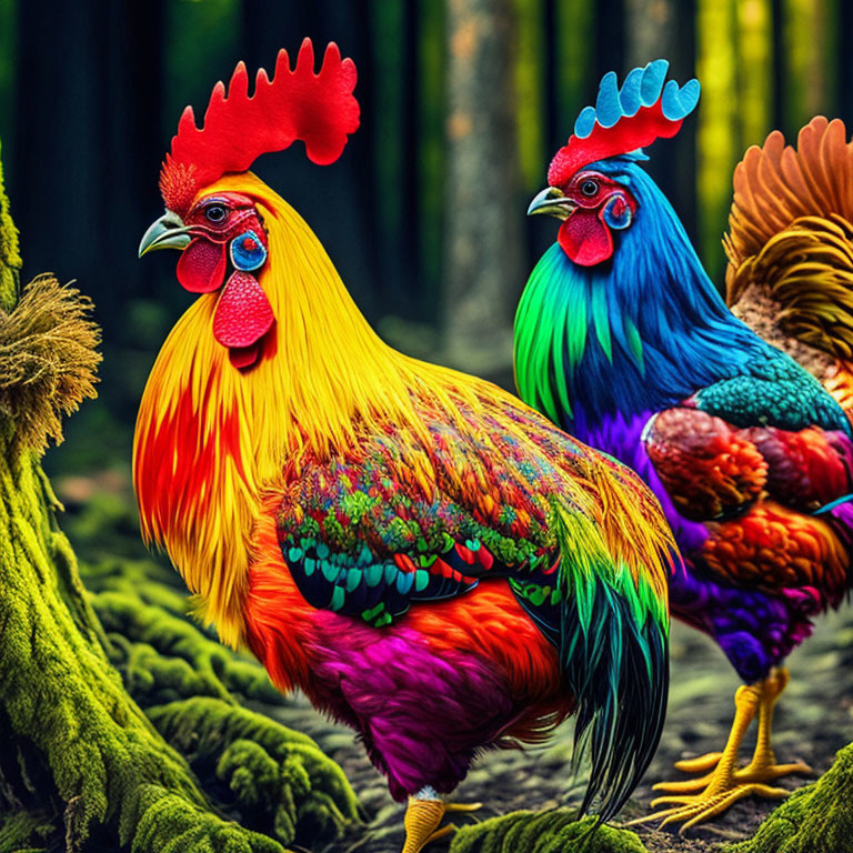 Vividly colored roosters with rainbow feathers in moss-covered woodland